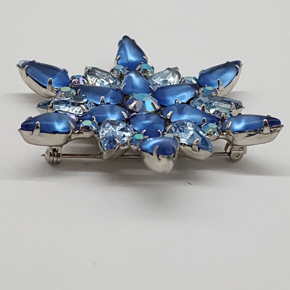 Blue Glass Cabochon Faceted Rhinestone Brooch Star Shape Open Back Silver VTG - Picture 6 of 9